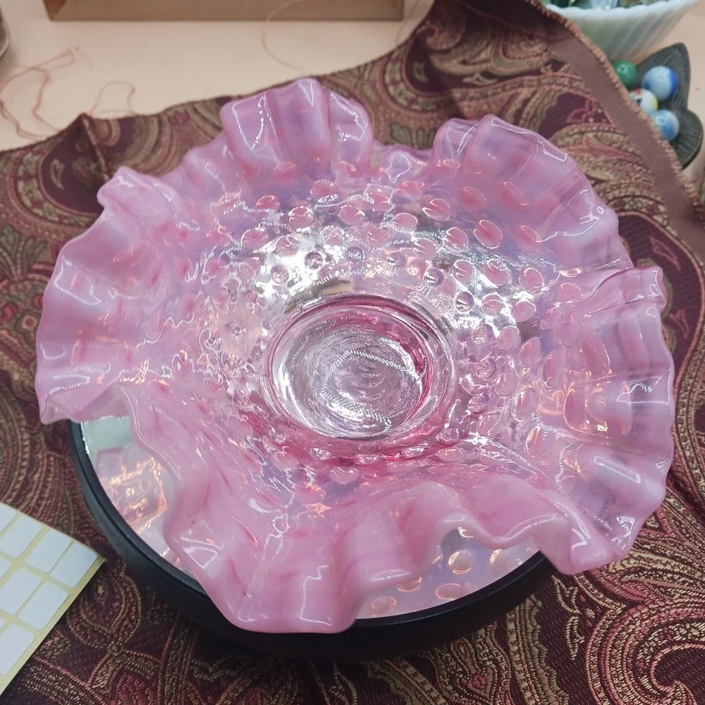 Vintage Fenton Pink Cranberry Opalescent Hobnail Ruffle Votive Bon Bon Dish 6